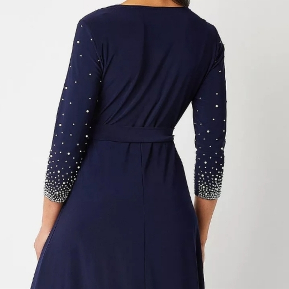 MSK Navy Blue Stretch Jersey Knit V-Neck Beaded 3/4 Sleeve Belted Midi Dress - Picture 6 of 16